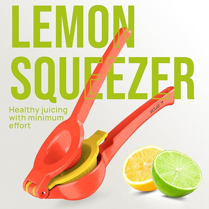 Zulay Kitchen Metal 2-in-1 Lemon Squeezer - Sturdy Max Extraction Hand Juicer Lemon Squeezer Gets Every Last Drop - Easy to Clean Manual Citrus Juicer - Easy-Use Lemon Juicer Squeezer - Red/Yellow