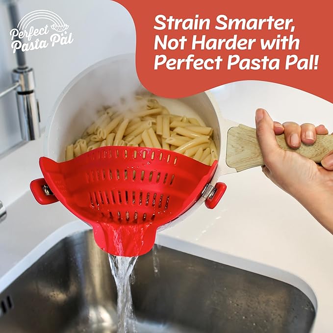 PERFECT PASTA PAL Clip-on Strainer for Pots - Silicone Pasta - Heat Resistant, Space Saving Colander for Kitchen - Dishwasher Safe Pot Strainer - Cooking Essentials and Home Must Haves