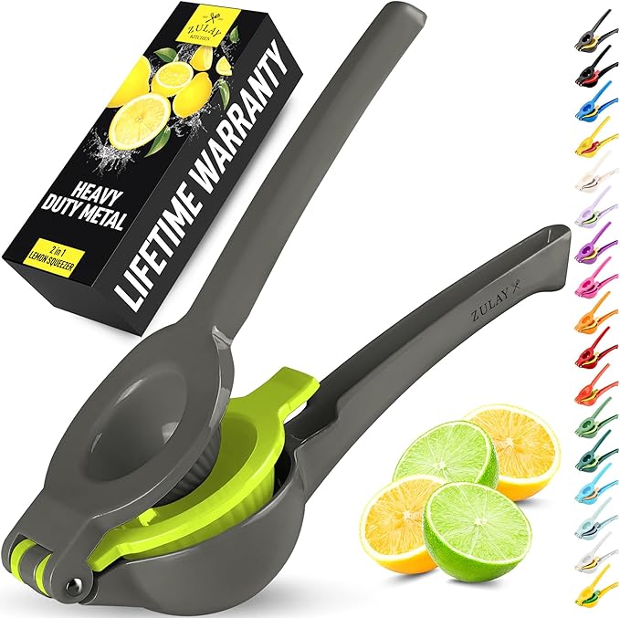 Zulay Kitchen Metal 2-in-1 Lemon Squeezer - Sturdy Max Extraction Hand Juicer Lemon Squeezer Gets Every Last Drop - Easy to Clean Manual Citrus Juicer - Easy-Use Lemon Juicer Squeezer - Gray/Lime