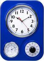 Lily's Home - 9.5 Inch x 12.5 Inch- Retro Kitchen Wall Clock, Vintage Wall Clock with a Thermometer and 60-Minute Timer, Ideal for Any Kitchen, Office, or Diner (Dark Blue)