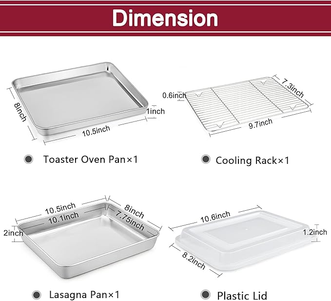 TeamFar Toaster Oven Pans, 10.5’’ x 8’’ Stainless Steel Small Bakeware with Rack & Lid for Baking Cooling Storing, Non-Toxic & Heavy Duty, Deep & Visible Lid, Dishwasher Safe-4 PCS