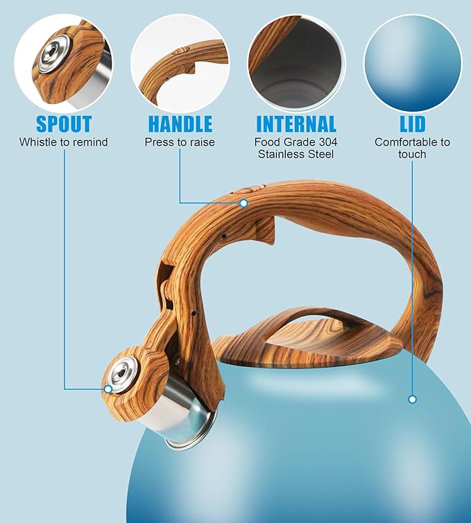 Tea Kettle, 3.2Qt/3Liter Whistling Kettle,Food Grade Cool Handle Tea pot,One-Button Switch, Apply to Various Stovetops, Coffee/Tea (Sky Blue Gradient)
