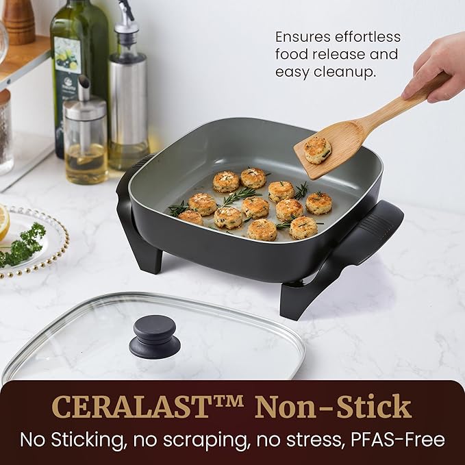 Elite Gourmet 12" x 12" x 3" Ceralast™ PFAS Free Ceramic Electric Skillet, Dishwasher Safe, Xtra Deep Dish, Rapid Heat 1200W, Black