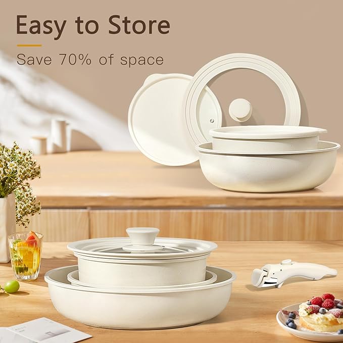 GiPP Ceramic Pots and Pans Set Non Stick, Nonstick Detachable Handle Cookware Sets, Healthy Non Toxic PFAS PFOA & PTFE Free, Dishwasher ＆Oven Safe, Induction Kitchen Pot and Pan, 15 Piece Cream