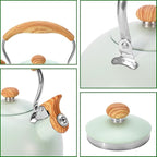 Tea Kettle Stovetop, 2.6 Quart cute teapot,loud whistle kettle, Food Grade Stainless Steel with Fold wood grain handle, Mint Green,With Anti Scald Towel