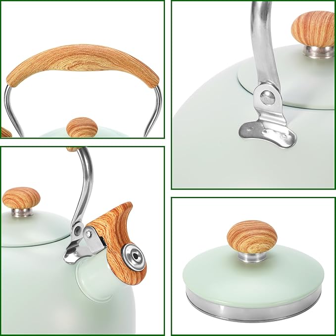 Tea Kettle Stovetop, 2.6 Quart cute teapot,loud whistle kettle, Food Grade Stainless Steel with Fold wood grain handle, Mint Green,With Anti Scald Towel
