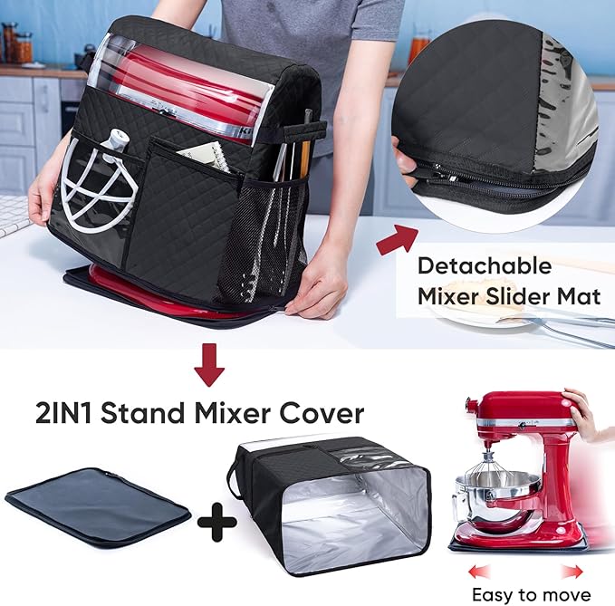 BAGSPRITE Stand Mixer Cover with Detachable Appliance Sliders Base Compatible with KitchenAid Mixer-Storage Bag for 4.5/5 Quart with Pockets for Kitchen Aid Accessories and Attachments
