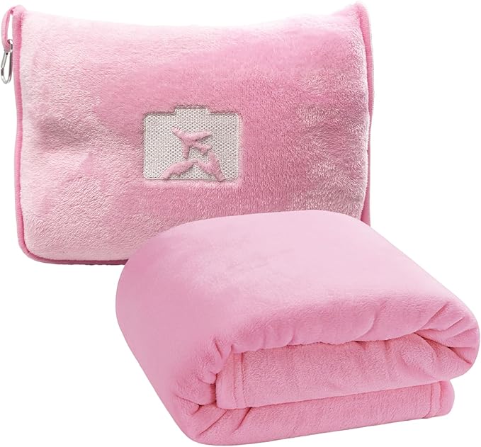 Travel Blanket and Pillow, Ultra-Soft, Compact & Lightweight, 60x50 in, Airplane Travel Essentials with Hand Luggage Sleeve and Backpack Clip, for Travel & Picnic (Pink)