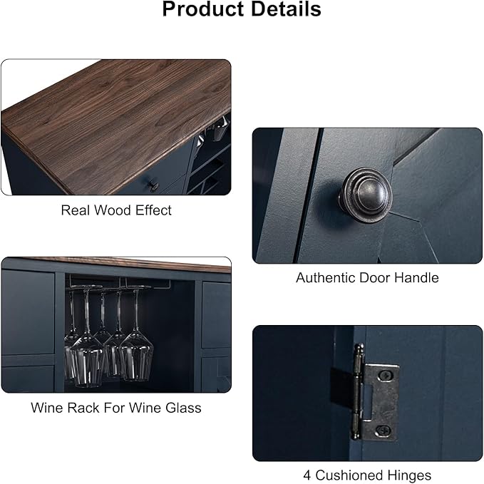 Rustic Wine Cabinet with Wine Rack and Lattice, Sideboard Buffet Cabinet with Drawers, Multifunctional Storage Cabinet for Kitchen, Dining Room, 47 Inch (Navy)