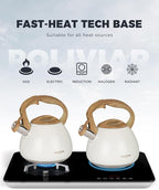 POLIVIAR Tea Kettle, 2.7 Quart White Finish with Wood Pattern Handle Loud Whistle Food Grade Stainless Steel Teapot, Anti-Hot Handle and Anti-Rust, Suitable for All Heat Sources JX2025-BW30