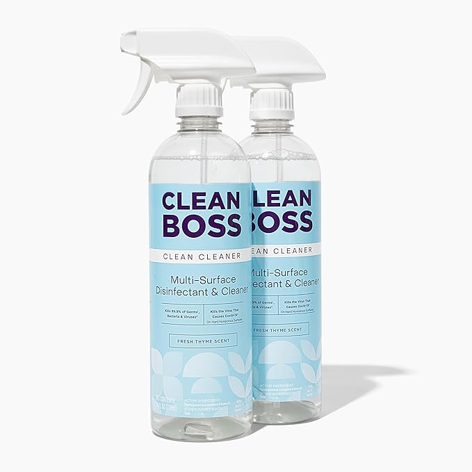 CleanBoss Botanical Disinfectant - 24 oz (Pack of 2) - Multi-Surface Cleaner - Kills 99.9% of Germs + Cold & Flu Viruses - Fresh Thyme Scent - No Rinse on Food Contact Surfaces - Pet Friendly