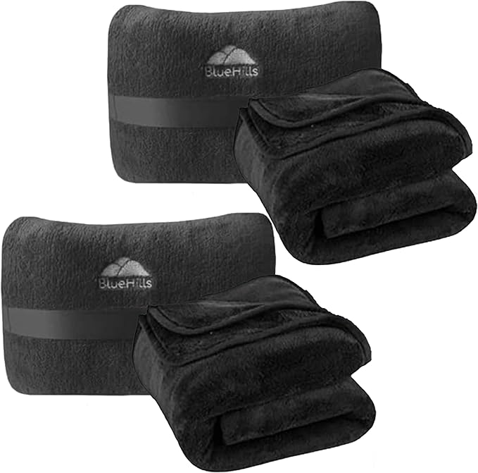 BlueHills 2-Pack Mini Premium Soft Plush Travel Blanket Pillow Airplane Essentials Flight Throw in Bag with Hand Luggage Strap Backpack Clip Accessories Portable Traveling Plane Blankets Black - M25