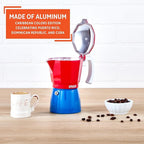 IMUSA Stovetop Espresso Maker 3 Cup Moka Pot Caribbean Colors Edition – Cuban Coffee, Italian Style, Demitasse, Cortadito, Cappuccino – Cast Aluminum Cafetera Espresso Azul Rojo Blanco