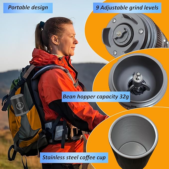 Portable Electric Coffee Grinder and Brewing Kit, Rechargeable, Conical Burr Coffee Grinder with Filter, 32g Capacity & 320 ml Coffee Cup for Camping, Travel, Office, Espresso, Pour Over, etc (Black)