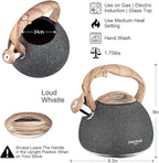 POLIVIAR Tea Kettle, 2.7 Quart Natural Stone Finish with Wood Pattern Handle Loud Whistle Food Grade Stainless Steel Teapot, Anti-Hot Handle and Anti-Rust, Suitable for All Heat Sources (JX2018-GR20)