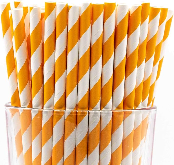 Pack of 150 Orange Swirls Biodegradable 4-Ply Paper Drinking Straws (Compostable, Non-toxic, BPA-free)