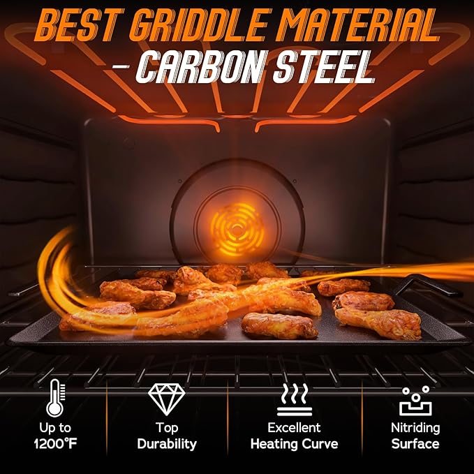 Premium Carbon Steel Griddle, Large Non-Toxic Stovetop Flat Top Pan for Gas, Electric Range, Induction, Grill & Campfire, Pre-seasoned Nitride Coating, Oven Safe to 1200°F, with Heat-insulating Gloves