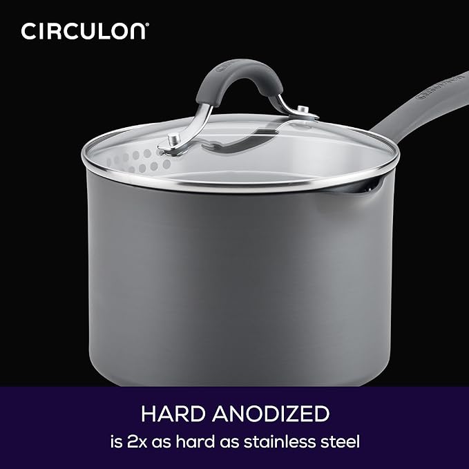 Circulon Radiance Hard-Anodized Nonstick Saucepan, Durable Nonstick Cookware, Sauce Pan with Straining Lid, 3-Quart, Gray