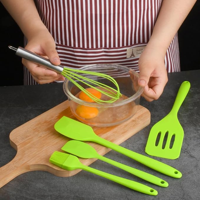 OSALADI 5pcs Silicone Kitchen Utensil Set with Egg Whisk, Nonstick Baking Tools in Green, Heat Resistant Cooking Gadgets for Home Kitchen Use