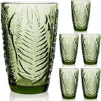Fashionstorm Green Drinking Glasses Set of 6, Green Fern Glasses Cups 12 oz, Vintage Glassware Colored Glass Cups for Beverages Cocktail Juice Wine, Drinkware Gift Set Housewarming Gift