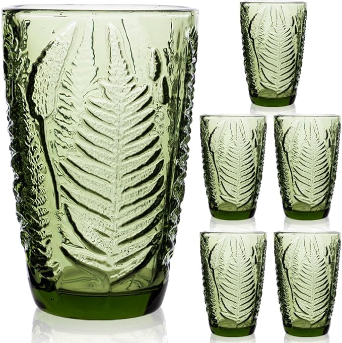 Fashionstorm Green Drinking Glasses Set of 6, Green Fern Glasses Cups 12 oz, Vintage Glassware Colored Glass Cups for Beverages Cocktail Juice Wine, Drinkware Gift Set Housewarming Gift