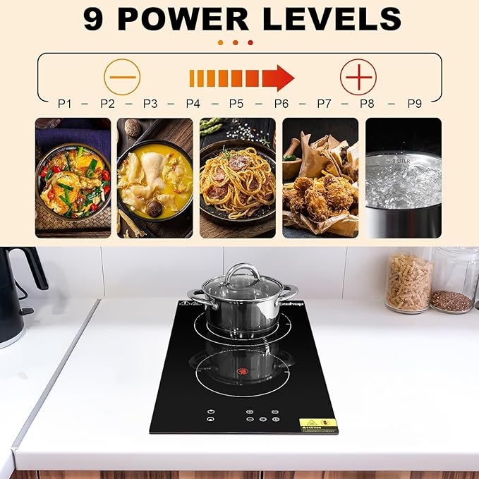 Winado 2 Burners Electric Ceramic Cooktop 20 inch, 220-240V Flat Top Stove, Multi-function Elecric Stovetop w/9 Heating Level, Timer & Kid Safety Lock, Sensor Touch Control, Timer Setting, Plug, 3000W