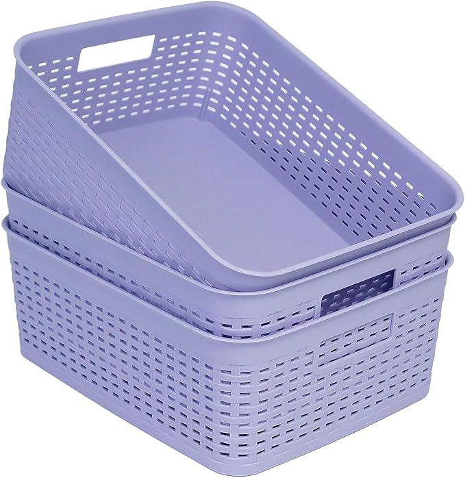 Soddeph Plastic Storage Baskets for Cabinets, Household Pantry Organization with Handle,Organizer Bins for Room,Bathrooms,Under-Sink,Kitchen (Purple, M-3PACK)
