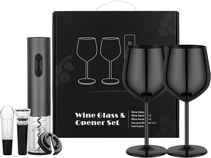 Electric Wine Opener Set Rechargeable, Automatic Corkscrew Set, Including Black Metal Wine Glasses of 2, Stainless Steel Wine Goblet, Ideal Gift for Wedding, Wine Lover, Birthday, Girl, Men
