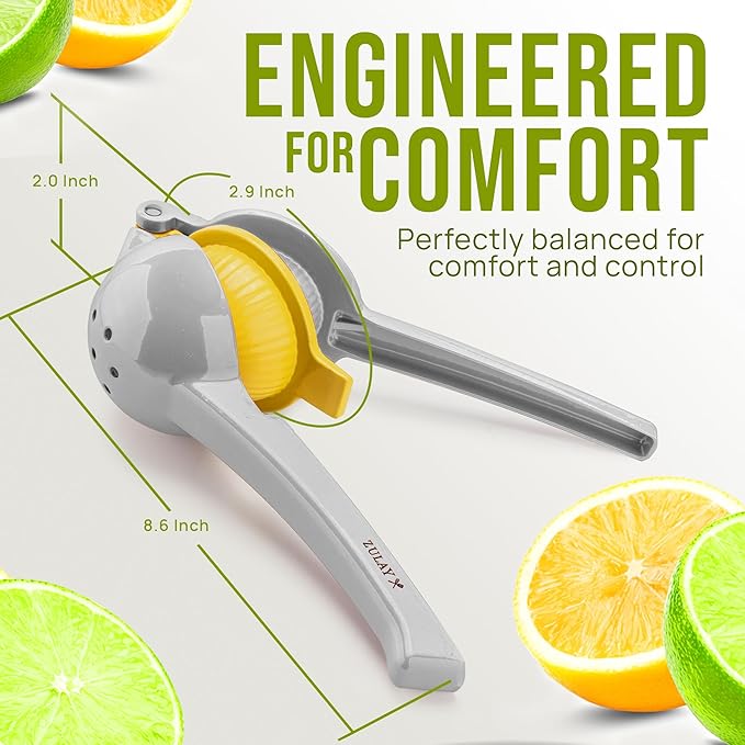 Zulay Kitchen Metal 2-in-1 Lemon Squeezer - Sturdy Max Extraction Hand Juicer Lemon Squeezer Gets Every Last Drop - Easy to Clean Manual Citrus Juicer - Easy-Use Lemon Juicer Squeezer - Gray/Yellow
