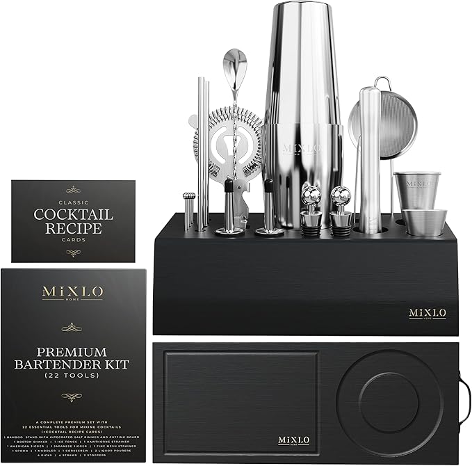 Mixology Bartender Kit - 22Pcs Bar Set Cocktail Shaker Set w Black Bar Cart Accessories Stand - Shakers Bartending Silver Tools, 24oz Shaker, 17 Recipe Cards, Martini Barware