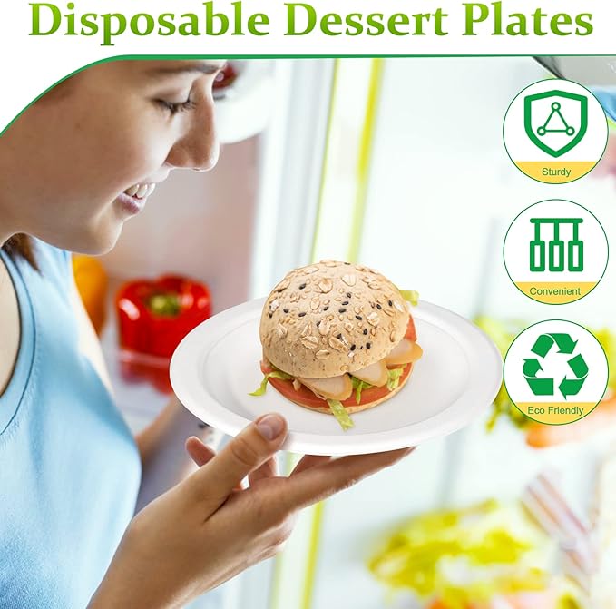 6 inch Paper Plates - 100 Pack, Compostable, Small White Plates for Dessert, Cake, Appetizer