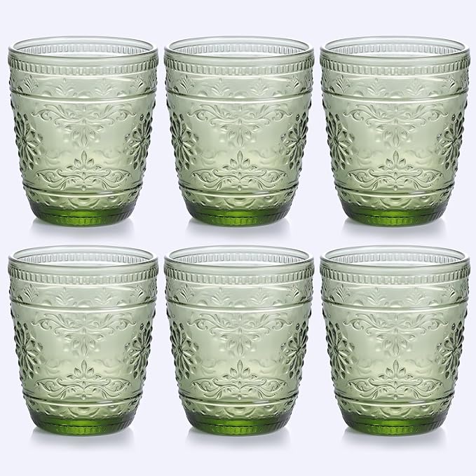 abrwyy 6Pcs Green Drinking Glassware, 10oz Drinking Glasses, Heavy Duty Glass Cups, Colored Embossed Glasses Set for Party Wedding Home Office Glassesware Gift