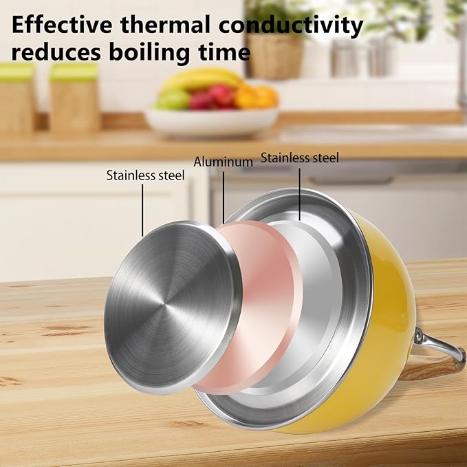 Tea Kettle,Whistling Tea Kettle Stovetop 2.6 Quart, Tea Pots for Stove Top Food Grade Stainless Steel,Wood Pattern Handle(Yellow),With Anti Scald Towel