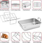 15 Inch Stainless Steel Roasting Pan with V-Shaped Rack and Turkey Baster - Rectangular Roaster for Turkey, Chicken, Vegetables - Fits 20lb Turkey
