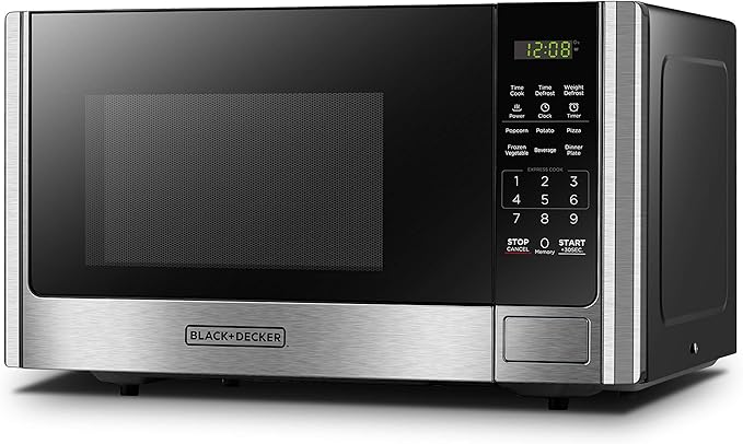 BLACK+DECKER Digital Microwave Oven with Turntable Push-Button Door, Child Safety Lock, Stainless Steel, 0.9 Cu Ft