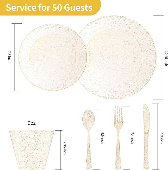 Goodluck 300 Piece Gold Glitter Disposable Plates for 50 Guests, Plastic Plates for Party, Wedding, Dinnerware Set of 50 Dinner Plates, 50 Salad Plates, 50 Spoons, 50 Forks, 50 Knives, 50 Cups