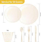 Goodluck 300 Piece Gold Glitter Disposable Plates for 50 Guests, Plastic Plates for Party, Wedding, Dinnerware Set of 50 Dinner Plates, 50 Salad Plates, 50 Spoons, 50 Forks, 50 Knives, 50 Cups