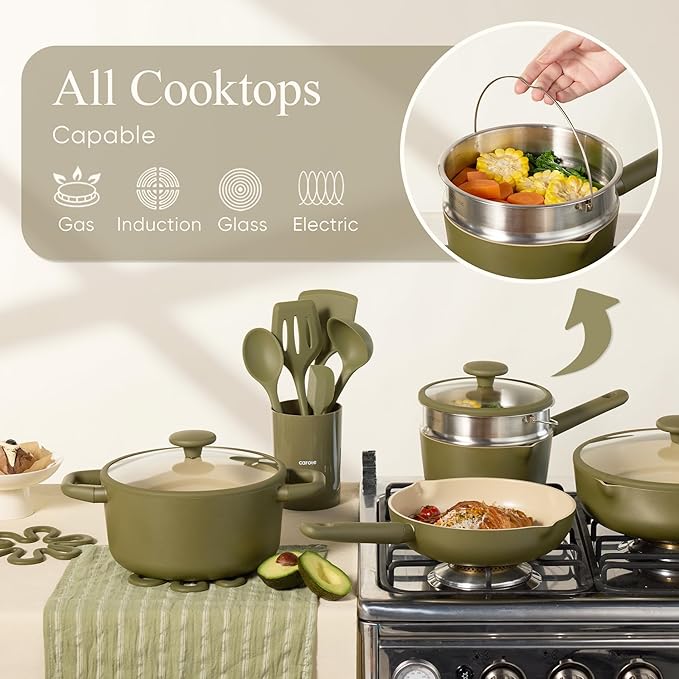 CAROTE 21pcs Cookware Set Nonstick Pots and Pans Set, Ceramic Cookware Set Induction Cookware, Non toxic Healthy Non Stick Kitchen Cooking Set, PFAS PTFE Free