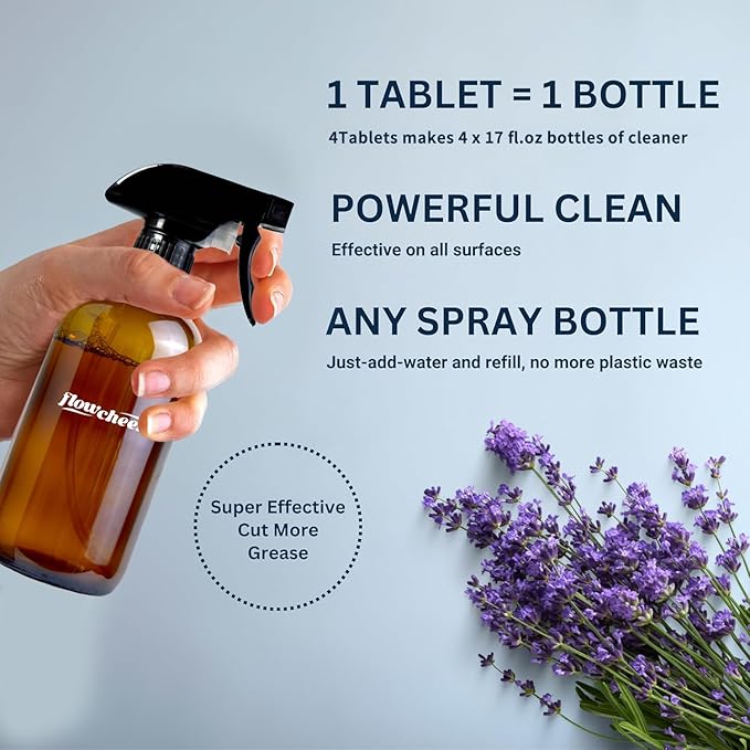 Multi-Surface Cleaner Kits-2 Pack Reusable Spray Bottles & 4 Pack All Purpose Cleaner Refills Tablet, 4 x 16.9 Fl oz Bottles of Spray Cleaner Lemon and Lavender Scent