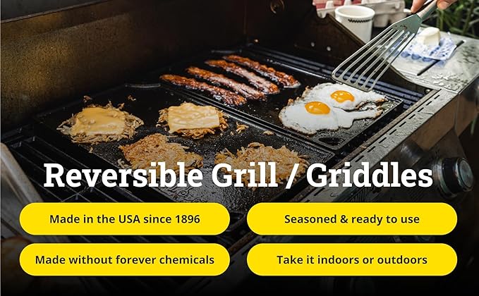 Lodge Double Play Reversible Cast Iron Grill/Griddle - Dual-Sided with Double Burner Configuration for Eggs, Pancakes, Burgers & More - Seasoned, Non-Toxic Cookware - Heavy-Duty Grill Pan - Black