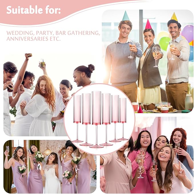 100 PCS Pink Champagne Flutes Plastic 5.4 OZ Clear Acrylic Champagne Flutes Sparkling Wine Glasses Wedding Table Decorations Reusable For Valentines Toasting Engagement Party Supplies