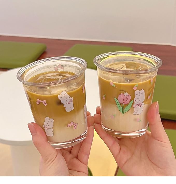 Ivymei Set of 2 12 OZ Cute Drinking Glasses Bow Glass Coffee Cups Rabbit Glass Cups for Juice, Iced Tea, Coffee, Latte, Milk, Dessert, Stackable Glassware Drinkware Set (Pink)