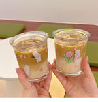 Ivymei Set of 2 12 OZ Floral Drinking Glasses Crystal Glass Flower Coffee Cups Cute Rabbit Glass Cups for Juice, Iced Tea, Coffee, Latte, Milk, Dessert, Stackable Glassware Drinkware Set (Purple)