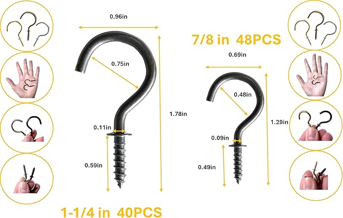 88Pcs Cup Hooks Kit in 4 Colors and 2 Sizes, 1-1/4in & 7/8in Screw-in Metal Mug Hooks for Hanging Décors, Cups, Plants and String Lights on Wood Wall and Ceiling
