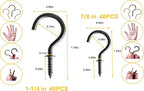 88Pcs Cup Hooks Kit in 4 Colors and 2 Sizes, 1-1/4in & 7/8in Screw-in Metal Mug Hooks for Hanging Décors, Cups, Plants and String Lights on Wood Wall and Ceiling