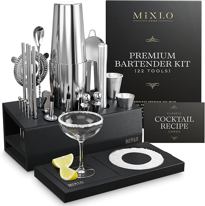 Mixology Bartender Kit - 22Pcs Bar Set Cocktail Shaker Set w Black Bar Cart Accessories Stand - Shakers Bartending Silver Tools, 24oz Shaker, 17 Recipe Cards, Martini Barware
