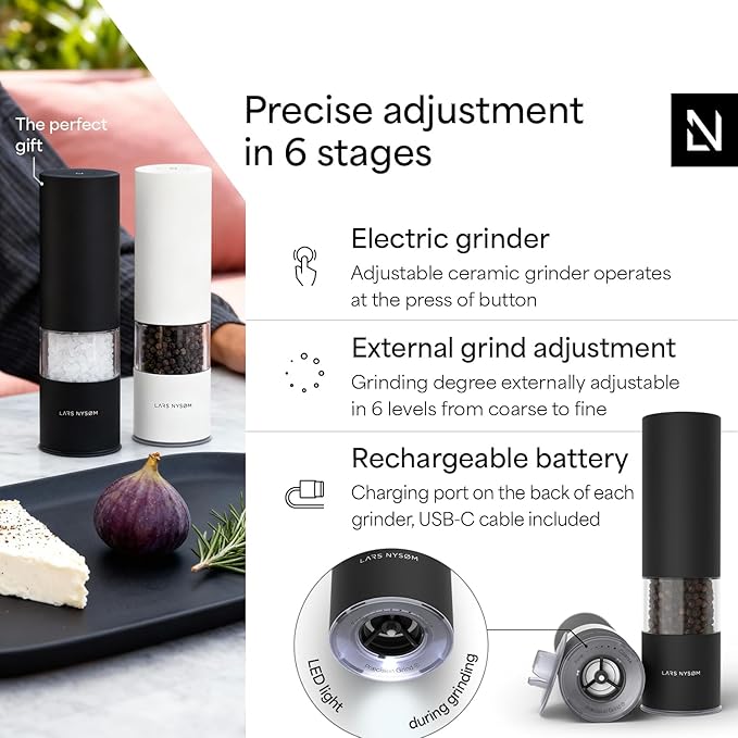 LARS NYSØM Electric Salt and Pepper Grinder Set I Automatic Salt and Pepper Mills with Adjustable Ceramic Grinder I USB Rechargeable Electric Spice Mill Set with LED Light (Carbon Black)