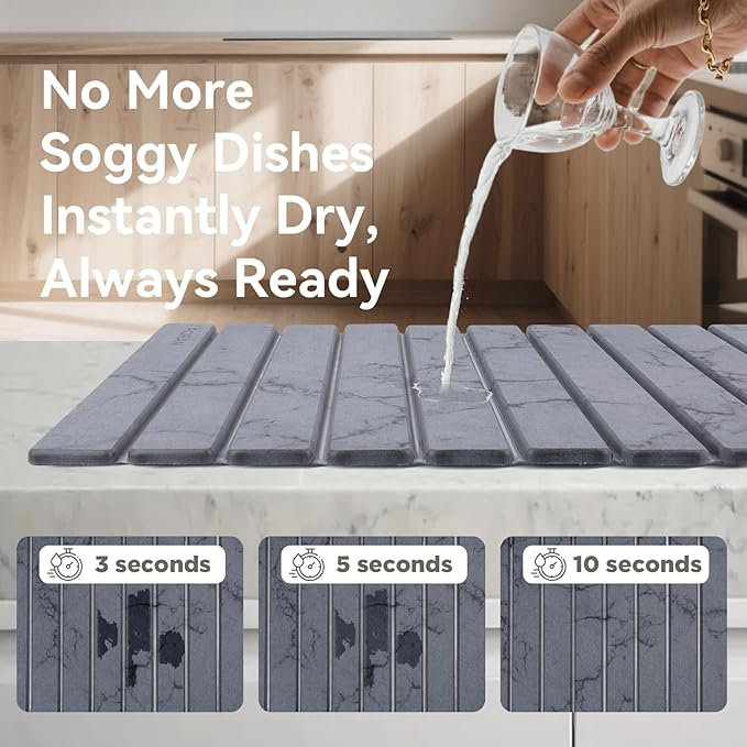 Stone Dish Drying Mat for Kitchen Counter, 24 x 16 inches, Fast Drying Collapsible Dish Drying Mat, Eco-Friendly Absorbent Diatomaceous Earth Mats for Dishes Bottles Cups (Dark Gray)