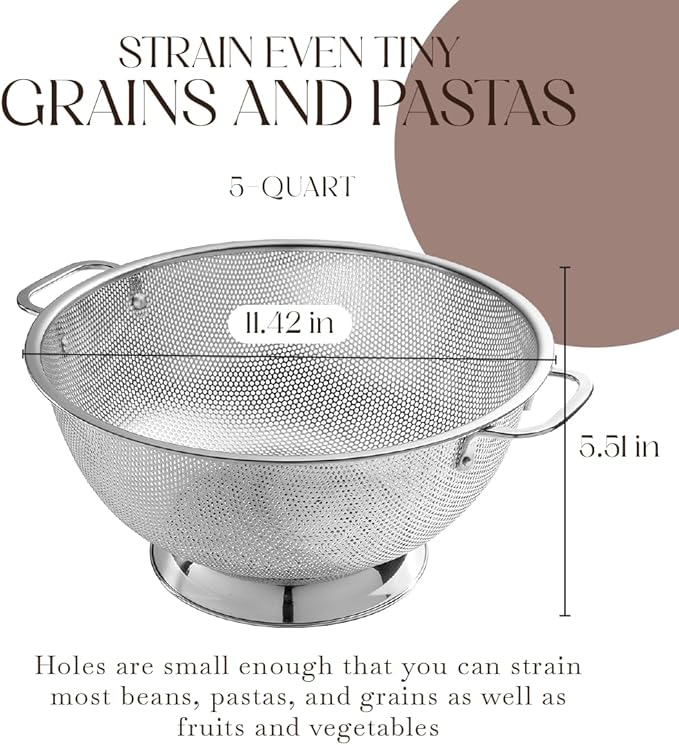 Bellemain Colander for Kitchen – 5 Qt Stainless Steel Strainer with Handle - 18/8 Pasta Strainer Bowl for Pasta, Spaghetti, Vegetables, Fruit, and Pot Draining - Stainless Steel Colander