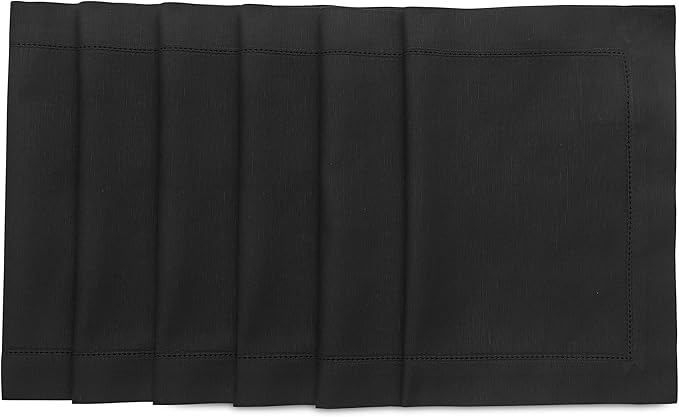 Solino Home Black Placemats Set of 6 - Cotton Linen Hemstitch Placemats 14 x 19 Inch for Winter, Holiday, New Year